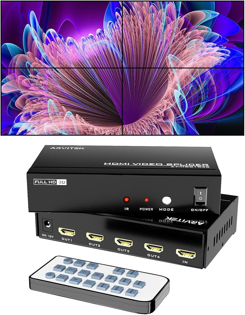 Arvitek 4K HDMI Video Wall Controller 2x2, 4 TV Screens Into 1 Wall Display, Video TV Wall Splicing Processor Splicer w/Remote, 8 Splicing Modes, Plug & Play - Image 1